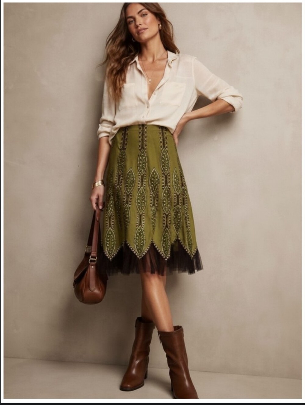 Vtg Anthropologie Basil & Maude Green Brown Sequined Tulle A-line Skirt Size 4